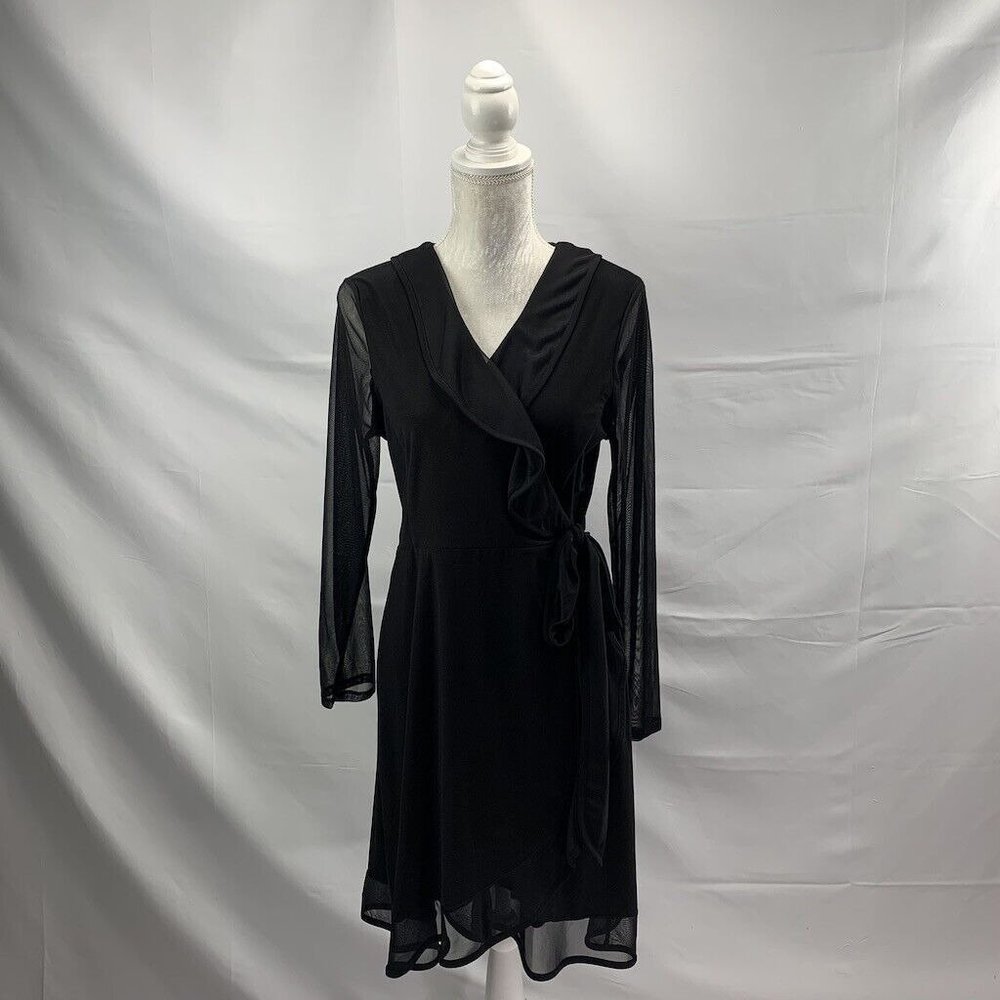 Tiana B. Black Wrap Dress Metallic Mixed Media Ruffle Long Sleeves L
